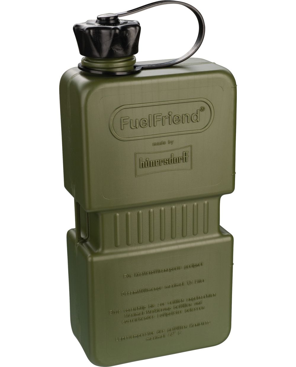 1.5L Jerry Can Hünersdorff 'Fuelfriend', army green, suitable for  petrol/oil, fastening straps for tension belts, Dim. incl. cap: 280x121x67mm