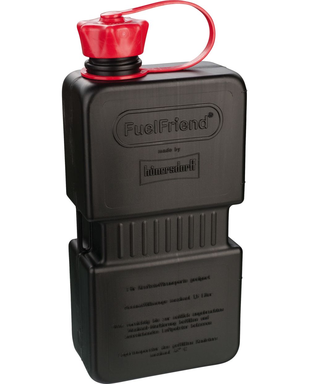 1.5L Jerry Can Hünersdorff 'Fuelfriend', black, suitable for petrol/oil,  fastening straps for tension belts, Dim. incl. cap: 280x121x67mm