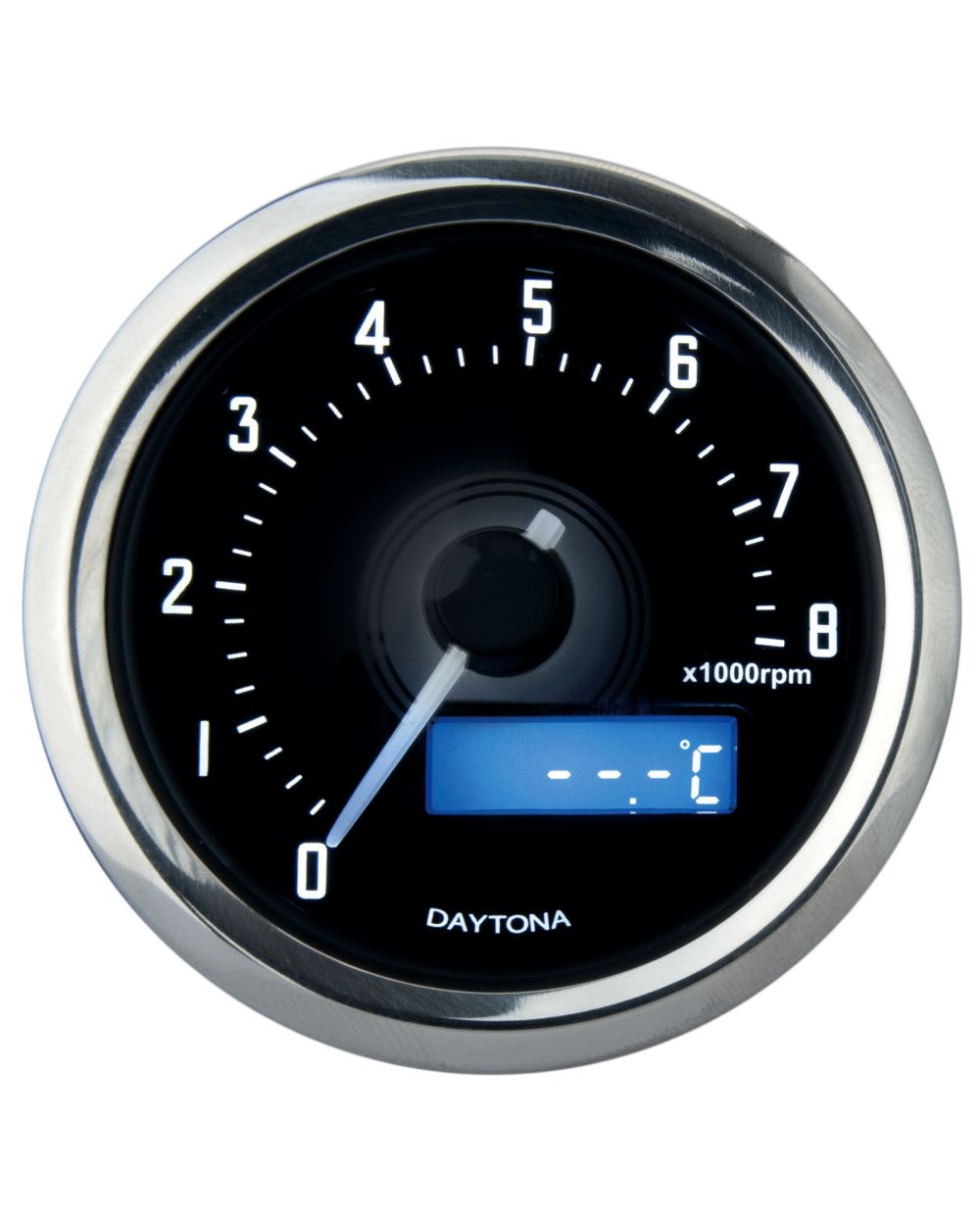 Daytona 'Velona' Tachometer, Diam. 60x45mm, Polished. Display: RPM, °C, °C  max, RPM max, Stop Watch, White Displ. Lighting
