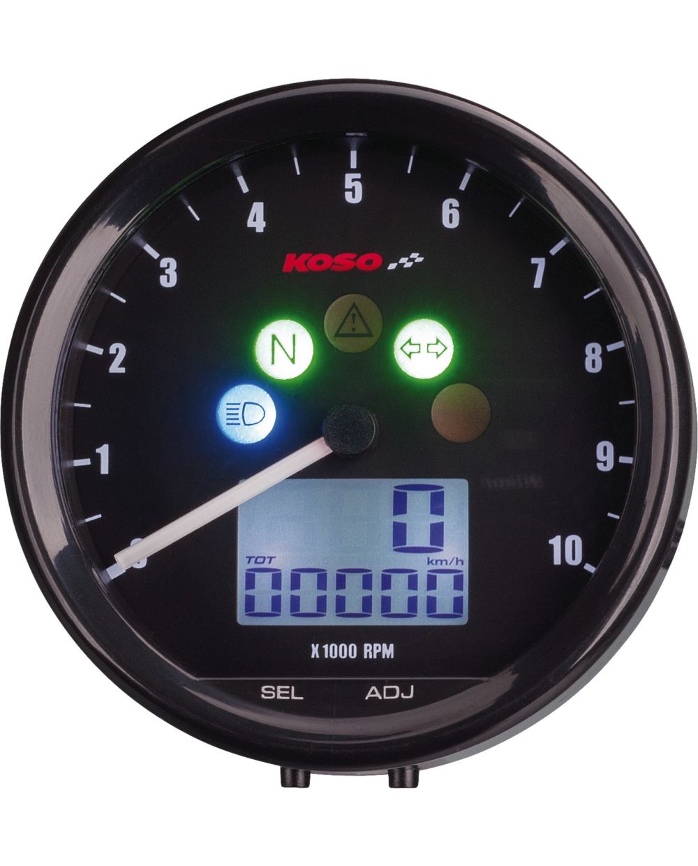 KOSO All-In-One Speedometer 'TNT' 12V, analog displayed tachometer, digital  speedometer, 5 pilot lights, white displ. illum., 'E'-approved