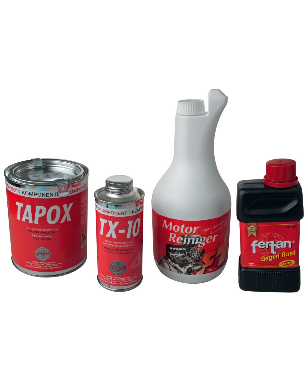 FERTAN/TAPOX Fuel Tank Restauration Set, 4 Pieces, Complete. 7-Step System,  NO Mechanical Removal, 2K Sealing. Suitable for 20-25l Fuel Tank Size