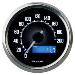 Daytona 'Velona' Speedometer, Diam. 60x45mm, Polished. Display: km/h, km total, Trip Counter, Voltage, Clock, White Displ. Lighting