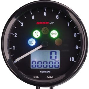 KOSO All-In-One Speedometer 'TNT' 12V, analog displayed tachometer, digital speedometer, 5 pilot lights, white displ. illum., 'E'-approved