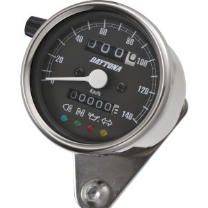 Daytona 'Mechanica II' Mini Speedometer, 140km/h display, 60mm diameter, stainless steel case, black dial, 4 pilot lights, LED illumination 6-12V,