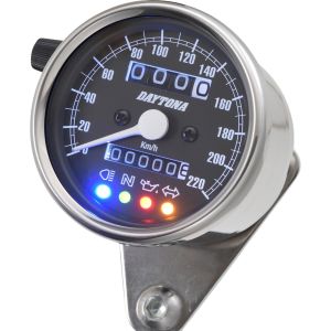 Daytona 'Mechanica II' Mini Speedometer, 220km/h display, 60mm diameter, stainless steel housing, black dial, 4 indicator lights, illumination, 6-12V