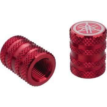 Tyre Valve Cover Cap Alu, red with silver YAMAHA tuning fork logo, 1 pair