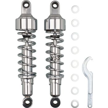 YSS Replika Stereo Rear Shocks, 1 pair, 320mm, chrome housing, 5-way adjustable spring preload, chrome spring + cap, with Vehicle Type Approval