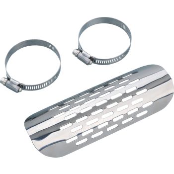 Heat protection shield Scrambler-Look (Size 185x68mm, radius 40mm) Delivery includes 2 stainless steel hose clamps for 45-65mm pipe diameter