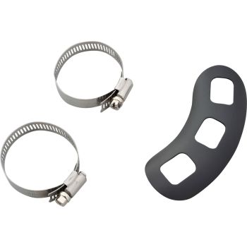 Heat Shield Black 45° Curved, dim. 140x43mm, radius 27mm, delivery includes 2 stainless steel hose clamps for 33-61mm pipe diameter