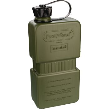 1.5L Jerry Can Hünersdorff 'Fuelfriend', army green, suitable for petrol/oil, fastening straps for tension belts, Dim. incl. cap: 280x121x67mm