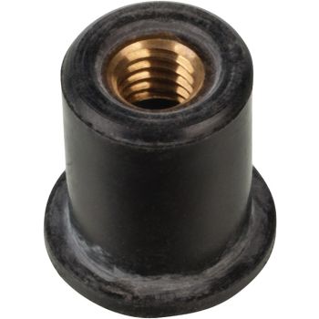 Rubber Dowel Nut/Well Nut M6, Ø13mm, for 13mm hole and approx. 1-5mm material thickness, dim. flange ID 16mm / height 1.3mm, neoprene with brass thread