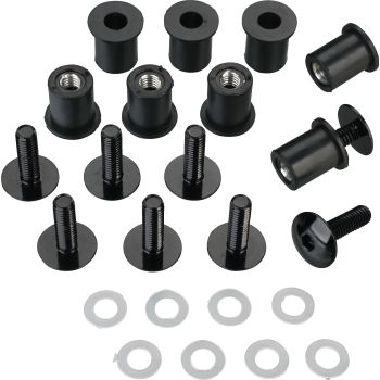 M6x20 Aluminium Screw Set, Black, incl. Rubber Well Nuts, 8 Screws/Nuts/Washers