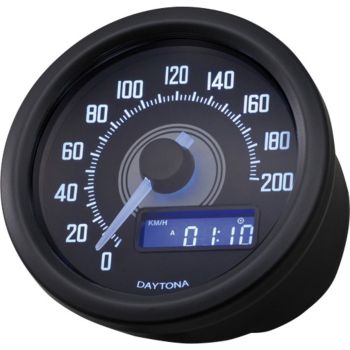 Daytona 'Velona' Speedometer, Diam. 60x45mm, Black. Display: km/h, km total, Trip Counter, Voltage, Clock, White Displ. Lighting, 'E'-approved