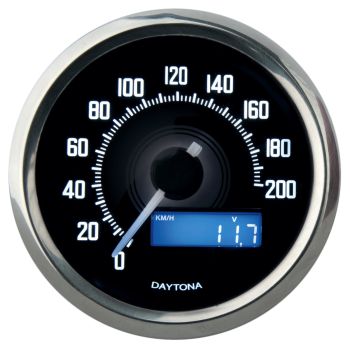 Daytona 'Velona' Speedometer, Diam. 60x45mm, Polished. Display: km/h, km total, Trip Counter, Voltage, Clock, White Displ. Lighting