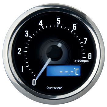 Daytona 'Velona' Tachometer, Diam. 60x45mm, Polished. Display: RPM, °C, °C max, RPM max, Stop Watch, White Displ. Lighting