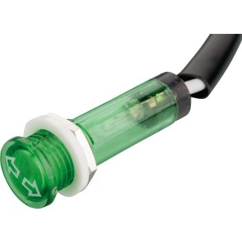 Indicator lamp green, with indicator symbol, 12V, size approx. 12x35mm, for 10mm bore, material thickness approx. 1-6mm, screw fastening