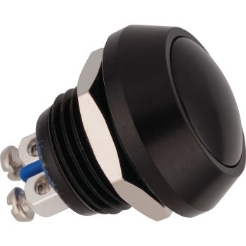 Universal Pushbutton, black aluminium, diameter 17.5mm, length 22.7mm,  mounting diameter 12mm, 2A/36V, splash proof (IP65)