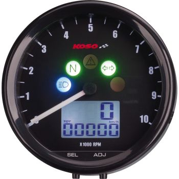 KOSO All-In-One Speedometer 'TNT' 12V, analog displayed tachometer, digital speedometer, 5 pilot lights, white displ. illum., 'E'-approved