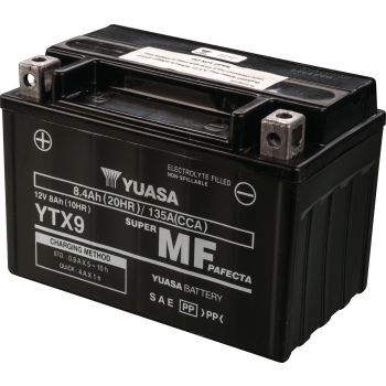 AGM-Battery YUASA 12V, maintenance-free filled, leak-proof due to AGM technology (glass fibre fleece), type YTX9-BS