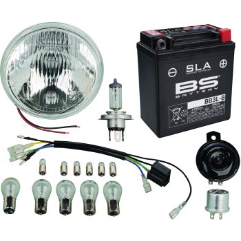 Add-On Kit H4 for Item 50544 12V Conversion, includes all bulbs, closed SLA battery, flasher relay, horn, headlight and adapter wiring loom