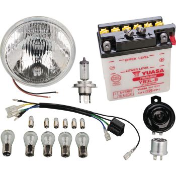 Add-On Kit H4 for Item 50544 PME 12V Conversion, includes all bulbs, YUASA battery, flasher relay, horn, H4 bulb and adapter + headlight reverberator