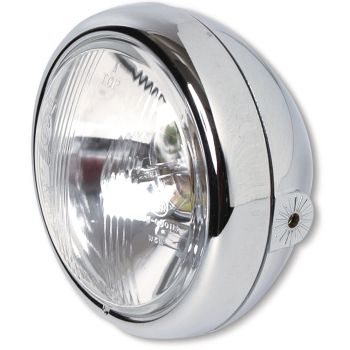 Mini Headlamp, 'E'-homologated, ABS-plastic, chome plated (12V 35/35 Bilux, d=105mm), diameter 130mm depth 100mm, side mount