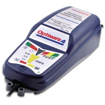 Optimate 4 Battery Charger with Diagnostic Function, 12V, waterproof, incl. pole clamps + waterproof vehicle adapter (latest QUAD PROGRAM version)