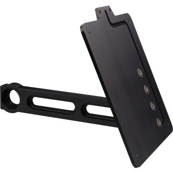 License plate holder for swing arm mounting LH, black anodised aluminium, incl. LED license plate illumination, mounting material + nut (a/f 27mm)
