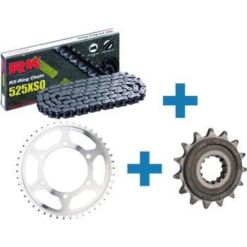 XW-Ring chain set 15/46 incl. rubberised sprocket for max. running smoothness, open RK525XRE chain with 122 links, incl. hollow rivet lock