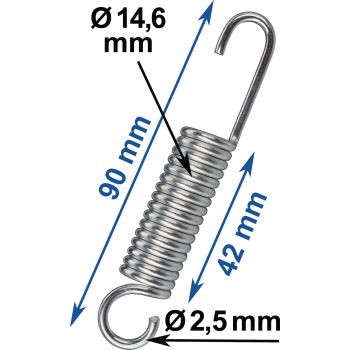 Universal Spring, zinc plated, length 90mm, wire diameter 2.5mm, outer diameter 14.6mm, winding length 42mm