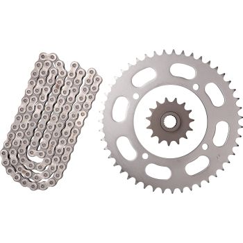 RX-Ring Chain Kit 15T front/47T rear, 110 links, open type RK520XSO2, fine geared shaft, incl. clip- and rivet chain joint