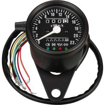 Analog Speedometer, mechanical drive with M12x1 connection, trip odometer, high beam, neutral, oil pressure control and indicator light, 220km/h